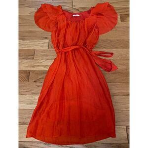 Calvin Klein Women's Red Ruffle Sleeve lined silk scoop neck tied waist Dress 2